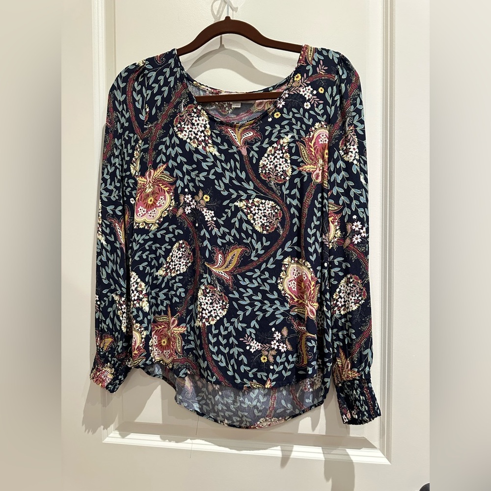 LOFT Navy Floral Blouse with Burgundy and White Accents